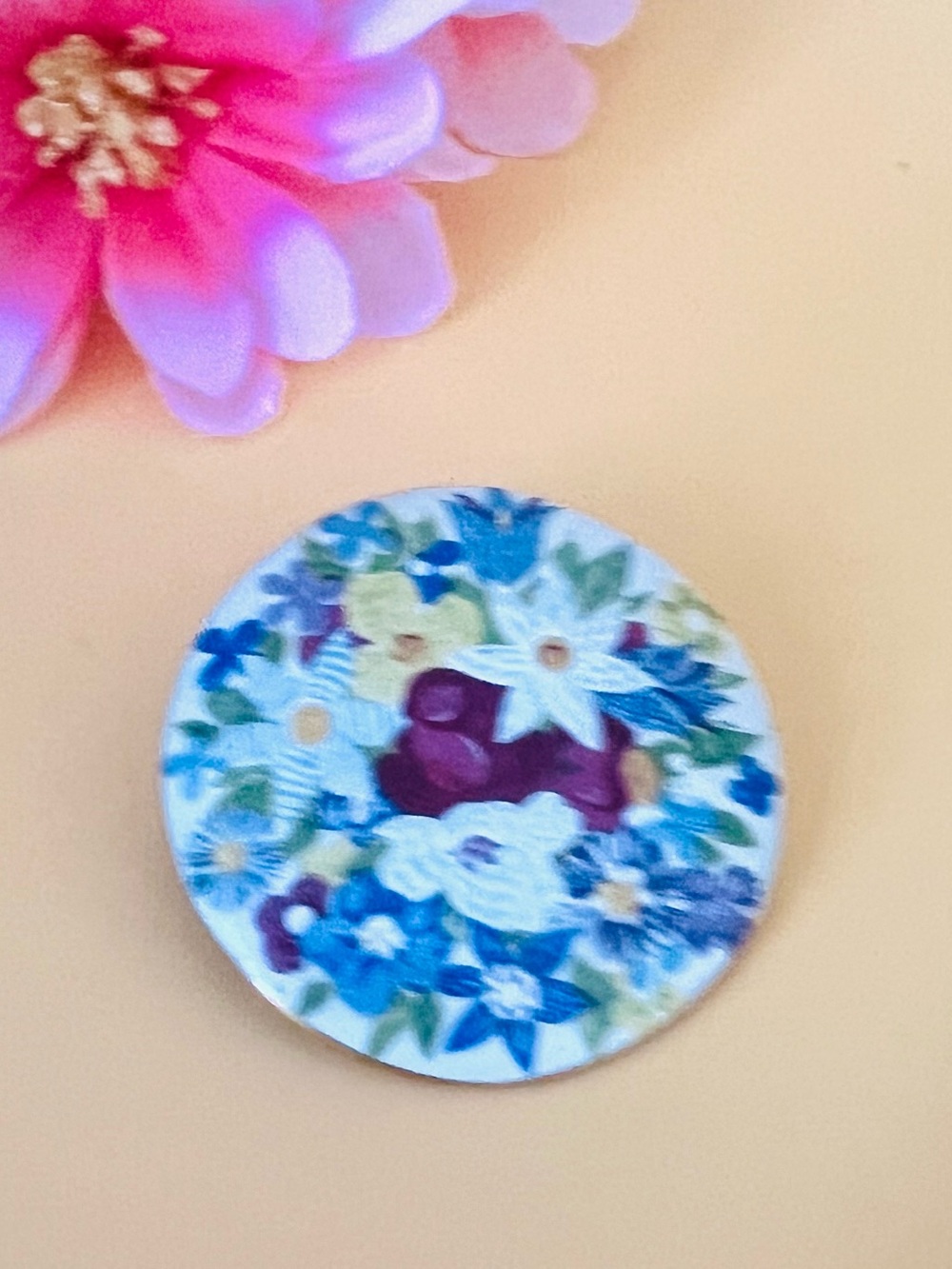 Painted porcelain Floral Round Brooch - Blue Floral Design